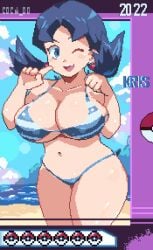 2d 2d_animation animated artist_name beach bikini blush clouds coca gravity-defying_hair huge_breasts kris_(pokemon) looking_at_viewer ocean pixel_animation pixel_art pokeball pokemon pokemon_gsc sand seaside swimsuit thick_thighs twintails wide_hips wink