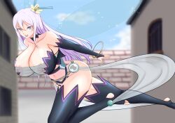 big_breasts black_thighhighs breasts busty cleavage collarbone fairy fairy_wings female female_only kisaragi_reona kyuukyoku_shinka_shita_full_dive_rpg_ga_genjitsu_yori_mo_kusoge_dattara large_breasts long_hair purple_eyes revealing_clothes see-through_clothing thighhighs very_long_hair voluptuous white_hair wings