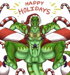 abs anthro anus ass balls bow_ribbon candy candy_cane christmas christmas_clothing christmas_headwear claws clothing dessert dinosaur feet food genitals grin harness hat headgear headwear hi_res holidays kane_(kfdp) male muscular nipples pecs penis reptile santa_hat scalie smile solo solo_focus spread_legs spreading syndhart theropod tyrannosaurid tyrannosaurus tyrannosaurus_rex