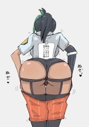 1girls ass back_view female female_only gloves green_highlights japanese_text kazushige lingerie nemona_(pokemon) note panties partially_clothed pokemon pokemon_sv ponytail shorts_down solo text translation_request