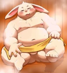 2022 anthro balls belly blush detailed_background genitals kemono lagomorph leporid male mammal meg_hoi moobs navel nipples overweight overweight_male rabbit sauna sitting solo steam towel