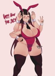 1futa 2023 4_arms bangs big_breasts black_hair black_thighhighs blush bulge bunny_ears bunny_pose bunnysuit clothed clothing curvaceous detached_collar eyes_mostly_closed futa_only futanari gyarusatan hand_on_hip happy_new_year hi_res horns huge_breasts light-skinned_futanari light_skin long_hair looking_at_viewer mostly_clothed multi_arm multi_limb necktie penis_bulge ponytail pose red_highlights skindentation smiling smiling_at_viewer solo standing susu_(gyarusatan) teeth_showing thick_thighs thigh_squish thighhighs v_sign white_background wide_hips wrist_cuffs year_of_the_rabbit