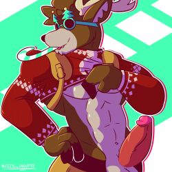 anthro antlers balls brown_body brown_fur capreoline clothed clothing clothing_lift deer digital_media_(artwork) dolph_(fortnite) epic_games erection fizzyjay fortnite fur genitals hi_res horn male mammal muscular muscular_male penis reindeer simple_background smile solo undressing video_games