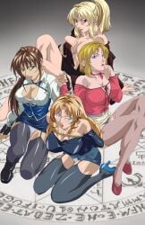 4girls bible_black blonde_hair blue_eyes brown_hair dress earrings female female_only green_eyes holding_hand imari_kurumi kitami_reika large_breasts milf multiple_girls pale-skinned_female saeki_kaori shiraki_rika shoes skirt string witch