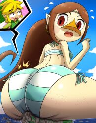 bikini bird_girl brown_hair bubble_butt fat_ass flushed giant giant_ass giantess huge_ass jenny_secret link long_hair looking_back looking_down macrophilia medli micro micro_on_macro open_mouth red_eyes surprised swimsuit the_legend_of_zelda thedaibijin yellow_hair