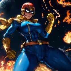 1girls ai_generated belt blue_bodysuit bodysuit captain_falcon f-zero fire from_below genderswap_(mtf) helmet no_eyes rule_63 skintight skizzen solo super_smash_bros. superhero yellow_gloves