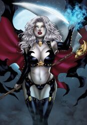 big_breasts breasts chaos_comics coffin_comics death_(personification) female female_only grim_reaper gwenaelle_daligault hi_res highres holding_object holding_scythe holding_weapon lady_death leo_matos long_hair looking_at_viewer mound_of_venus no_pupils queen_of_the_dead red_lipstick scythe thighs weapon white_skin