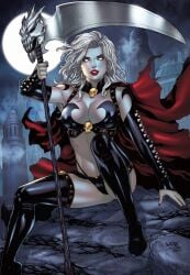 1girls big_breasts chaos_comics coffin_comics death_(personification) female female_focus female_only grim_reaper gwenaelle_daligault hair high_resolution highres holding_object holding_scythe holding_weapon lady_death leo_matos long_hair queen_of_the_dead red_lipstick scythe tagme weapon white_body white_hair white_sclera