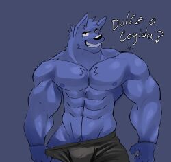 bara biceps blue_body blue_fur bulge furry ice_xhan male male_focus male_only muscular muscular_male pants pecs smiling toro_buull wolf