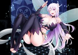 big_breasts black_thighhighs breasts busty cleavage collarbone fairy fairy_wings female female_only kisaragi_reona kyuukyoku_shinka_shita_full_dive_rpg_ga_genjitsu_yori_mo_kusoge_dattara large_breasts long_hair purple_eyes revealing_clothes thighhighs very_long_hair voluptuous white_hair wings