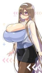 big_ass big_breasts big_butt blush bouncing_breasts brown_hair focused headband huge_breasts hyper_breasts jiggling_breasts pantyhose short_skirt shuz_(dodidu) skirt voluptuous yurika_aiuchi_(shuz)