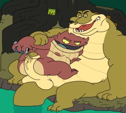 2022 amphibia amphibia_(series) amphibian anthro balls belly bog_(amphibia) crocodile crocodilian crocodylid crossover detailed_background disney duo erection frog genitals green_body haxsmack louis_(the_princess_and_the_frog) male male/male male_only moobs mptoadd nipples overweight overweight_male penis reptile scalie smooth_skin the_princess_and_the_frog