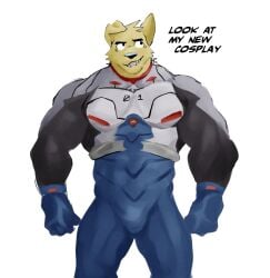 1boy anthro bara beige_fur biceps blush canid canine cosplay crossover dog fangs furry furry_only ice_xhan male_only muscular muscular_male neon_genesis_evangelion nervous pecs shinji_ikari_(cosplay) solo solo_male tight_clothing tight_fit toro_buull