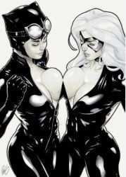 2girls batman_(series) big_breasts black_cat_(marvel) bodysuit breast-to-breast breast_press catwoman crossover curvaceous curvy curvy_figure dc dc_comics felicia_hardy female female/female female_only lipstick marvel marvel_comics mask monochrome multiple_girls redgvicente selina_kyle smile spider-man_(series) tight_clothing voluptuous voluptuous_female yuri