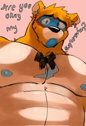 1boy bara bear blue_nipples bodypaint bowtie facepaint five_nights_at_freddy's five_nights_at_freddy's:_security_breach glamrock_freddy_(fnaf) ice_xhan looking_at_viewer male male_only moobs muscular_male nervous nipples pecs piercing sweat toro_buull ursid worried worried_expression