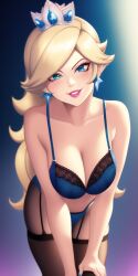 1girls ai_generated anime_lingerie blue_eye blue_lingerie breasts crown female female_only garter_belt garter_straps green_eyes hands_on_knees huge_breasts long_hair looking_at_viewer mario_(series) nai_diffusion nintendo open_mouth pale-skinned_female pink_lipstick platinum_blonde_hair princess princess_rosalina showing_teeth simple_background smile solo stable_diffusion star_earrings stockings super_mario_galaxy