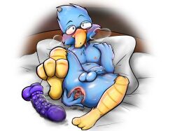 2022 after_anal after_anal_masturbation after_masturbation anthro anus ass avian balls beak bed berdly biped bird bird_feet blue_balls blue_body blue_feathers blue_penis blush deltarune digital_media_(artwork) dildo eyewear feathers foreskin furniture gaping gaping_anus genitals glasses half-erect hi_res humanoid_genitalia humanoid_penis looking_at_viewer lying male male_only nipples on_back on_bed penis presenting presenting_anus presenting_hindquarters round_glasses sex_toy simple_background solo undertale_(series) white_background yamausagi0619 yellow_beak