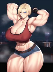 1girls abs ai_generated angry armpits arms_up bare_arms bare_legs bare_midriff bare_shoulders bare_thighs biceps black_gloves blonde_hair blue_eyes blue_mary blue_shorts blush breast_expansion breasts broad_shoulders city city_background cityscape cleavage collarbone covered_nipples crop_top deep_cleavage denim denim_shorts erect_nipples erect_nipples_under_clothes fingerless_gloves giant giantess gigantic_breasts gigantic_thighs gloves huge_breasts huge_thighs hyper_thighs king_of_fighters large_breasts large_thighs looking_at_viewer macro massive_breasts massive_thighs midriff midriff_baring_shirt muscle muscle_growth muscle_tone muscles muscular muscular_arms muscular_female muscular_legs muscular_thighs nai_diffusion night red_crop_top red_tank_top short_hair short_shorts shorts size_difference snk stable_diffusion steam steaming_body steamy_breath sweat sweatdrop sweating sweaty sweaty_body sweaty_breasts tank_top thick_arms thick_thighs thighs thunder_thighs voluptuous voluptuous_female wide_hips