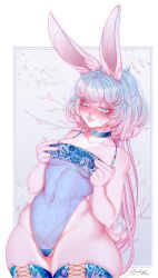 1girls 2022 absurd_res anthro blue_eyes blue_hair blush bunny_ears bunny_tail choker female female_only ima_(imabunbun) lagomorph legwear lingerie liokko_mao long_hair narrowed_eyes nipple_tweak pink_highlights smiling solo spiral_eyes thick_thighs white_body