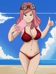 1girls beach beach_background bikini boku_no_hero_academia breasts cellphone female female_only green_eyes huge_breasts legs_crossed light-skinned_female looking_at_viewer medium_hair mei_hatsume my_hero_academia ok_sign pink_eyebrows pink_hair pink_nails red_bikini selfie shablagooo showing_teeth sky smile smile_at_viewer solo