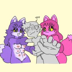 anthro breasts canid countershading dipstick_tail english_text female fur genitals group hair human male mammal markings multi_breast nipples pink_body pink_fur pink_hair popstick purple_body purple_fur purple_hair pussy simple_background tail_markings text trio yellow_eyes