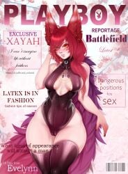 1girls 2022 absurd_res animal_ears black_legwear black_leotard blush english_text female female_only hand_behind_head inner_sideboob league_of_legends legs_together legwear leotard liokko_mao long_hair magazine_cover playboy_magazine red_hair riot_games solo text thick_thighs xayah yellow_eyes