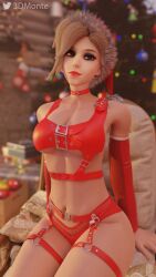 1girls 3d 3dmonte christmas cleavage female leather makeup mercy overwatch red_lipstick solo underboob