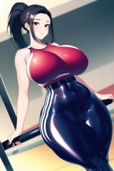 1girls 2022 ai_generated big_breasts big_hips black_hair breasts cute female female_only gym gym_uniform huge_breasts latex looking_at_viewer looking_pleasured momo_yaoyorozu muscular muscular_female my_hero_academia shiny_clothes stable_diffusion thick_legs thick_thighs tight_clothes tight_clothing
