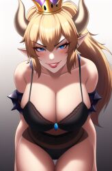 1girls ai_generated anime_lingerie black_lingerie blonde_hair blue_eyes bowsette breasts chains crown female female_focus female_only horns huge_breasts large_breasts lingerie mario_(series) monochrome_background nai_diffusion new_super_mario_bros._u_deluxe nintendo red_lipstick simple_background solo solo_focus stable_diffusion tagme thick_thighs