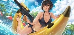 big_breasts bikini black_bikini black_hair black_sclera cleavage detailed_background dutch_angle female female_only game_cg gun kengan_(series) kengan_ashura kengan_ashura_ultimate_battle kure_fusui official_art open_mouth pool pool_toy short_hair side-tie_bikini silver_eyes smile solo straddling swimsuit tan_skin video_games water water_gun weapon wet_skin