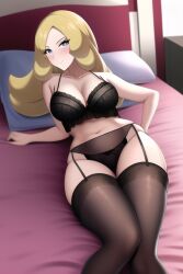 1girls ai_generated anime_lingerie bed black_bra black_lingerie blonde_hair blue_eyes breasts cynthia_(pokemon) game_freak hands_on_bed highres huge_breasts in_bed lingerie long_hair nai_diffusion nintendo pale-skinned_female pink_bed_sheet pokemon pokemon_dppt pokemon_trainer purple_pillow room stable_diffusion stockings thick_thighs thighhighs video_game_character