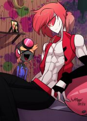 1boy 1girls abs black_pants cherri_bomb_(hazbin_hotel) cyclops demon demon_boy demon_male face_freckles father_and_daughter freckles hazbin_hotel male_cherri_bomb_(hazbin_hotel) muscular_male one_eye original_character pectorals pink_hair red_sclera rule_63 scars sir_pentious_(hazbin_hotel) smile smooth_skin tagme torso usagi_star white_body white_skin x_pupil x_pupils xd