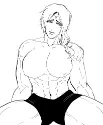 abs big_breasts circlet female female_only gaolang_wongsawat genderswap_(mtf) kengan_(series) kengan_ashura long_hair looking_away low-tied_long_hair low_ponytail mahuri monochrome muscular muscular_female rule_63 shorts sitting sketch solo spread_legs thick_thighs tied_hair topless topless_female