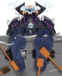 armwear brushing cado_tk32 fate/grand_order feet king_hassan laughing male male_feet male_foot_fetish male_only purple_feet restrained skeleton submissive_male tickle_fetish tickle_torture tickling tickling_feet