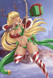 1girls alternate_costume antlers armpits arrow_(weapon) attack bare_midriff bare_thighs blonde_hair bow_(weapon) bra breasts capelet christmas christmas_outfit cleavage dark-skinned_female dark_skin female female_only fingerless_gloves fire_emblem fire_emblem:_the_binding_blade gift gloves green_panties igrene_(fire_emblem) large_breasts long_hair midriff nintendo open_mouth outdoors panties rinku_bny smile snow solo thick_thighs thighhighs thighs underwear very_long_hair weapon yellow_eyes