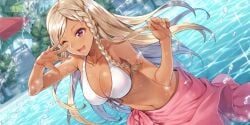 1girls big_breasts bikini blonde_hair braid cleavage detailed_background dutch_angle female female_only game_cg katahara_sayaka kengan_(series) kengan_ashura kengan_ashura_ultimate_battle long_hair official_art one_eye_closed open_mouth pool red_eyes sarong single_braid smile solo swimsuit tan_skin video_games wet_skin white_bikini