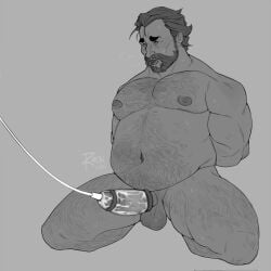 arcane bara beard erection facial_hair gay hairy human_form league_of_legends male male_only milking_machine musclegut solo solo_male vander warwick yaoi