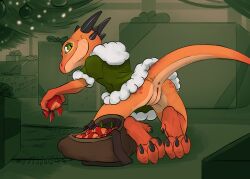 anus ass bag bottomless christmas christmas_tree claws clothed clothing digitigrade female flamespitter food fruit genitals gift gift_box gloves_(marking) green_eyes holidays horn kneeling kobold leg_markings looking_at_viewer looking_back markings multicolored_body multicolored_scales orange_body orange_scales peach_(fruit) peaches_(flamespitter) plant presenting presenting_hindquarters pupils pussy scales scalie slit_pupils socks_(marking) solo tan_body tan_scales tree two_tone_body two_tone_scales