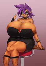 1girls alternate_breast_size barely_contained black_dress blue_eyes chomperwhy cleavage cleavage_overflow clothing dudemcwhy female female_only fishnet_legwear huge_ass huge_breasts overflowing_breasts purple_hair shantae shantae_(character) smooth_skin solo sweat sweating thick_thighs