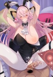 armpits big_breasts big_penis bunny_ears bunny_girl bunnysuit censored dosolfachord_coolia duel_monster female long_hair looking_at_viewer nipples pink_hair red_eyes spread_legs yu-gi-oh!