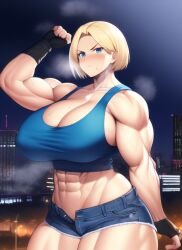 1girls abs ai_generated angry bare_arms bare_legs bare_midriff bare_shoulders bare_thighs biceps black_gloves blonde_hair blue_crop_top blue_eyes blue_mary blue_shorts blue_tank_top blush breast_expansion breasts broad_shoulders building city city_background cityscape cleavage collarbone crop_top deep_cleavage denim denim_shorts fingerless_gloves giant giantess gigantic_breasts gigantic_thighs gloves huge_breasts huge_thighs king_of_fighters large_breasts large_thighs looking_at_viewer macro massive_breasts massive_thighs midriff midriff_baring_shirt muscle muscle_growth muscle_tone muscles muscular muscular_arms muscular_female muscular_legs muscular_thighs nai_diffusion night short_hair short_shorts shorts sideboob size_difference snk stable_diffusion steam steaming_body steamy_breath sweat sweatdrop sweating sweaty sweaty_body sweaty_breasts tank_top thick_arms thick_thighs thighs voluptuous voluptuous_female wide_hips