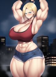 1girls abs ai_generated angry armpits arms_up athletic athletic_female bare_arms bare_legs bare_midriff bare_shoulders bare_thighs biceps black_gloves blonde_hair blue_eyes blue_mary blue_shorts blush breast_expansion breasts broad_shoulders city city_background cityscape cleavage collarbone crop_top deep_cleavage denim denim_shorts fingerless_gloves giant giantess gigantic_breasts gigantic_thighs gloves huge_breasts huge_thighs king_of_fighters large_breasts large_thighs looking_at_viewer macro massive_breasts massive_thighs midriff midriff_baring_shirt muscle muscle_growth muscle_tone muscles muscular muscular_arms muscular_female muscular_legs muscular_thighs nai_diffusion night red_crop_top red_tank_top short_hair short_shorts shorts size_difference snk stable_diffusion steam steaming_body steamy_breath sweat sweatdrop sweating sweaty sweaty_body sweaty_breasts tank_top thick_arms thick_thighs thighs toned toned_body toned_female toned_stomach voluptuous voluptuous_female wide_hips