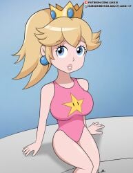 1girls artist_signature ball_earrings blonde_hair blue_background blue_eyes breasts crown earrings female female_only gold_crown huge_breasts light_pink looking_up luckster1234 mario_(series) nintendo one-piece_swimsuit pale-skinned_female patreon pink_swimsuit ponytail pool poolside princess princess_peach subscribestar swimsuit tagme