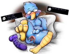 2022 after_anal after_anal_masturbation after_masturbation anthro anus ass avian balls beak bed berdly biped bird bird_feet blue_balls blue_body blue_feathers blue_penis blush deltarune digital_media_(artwork) dildo english_text eyewear feathers foreskin furniture gaping gaping_anus genitals glasses half-erect hi_res humanoid_genitalia humanoid_penis looking_at_viewer lying male male_only nipples on_back on_bed penis presenting presenting_anus presenting_hindquarters round_glasses sex_toy simple_background solo text text_box undertale_(series) white_background yamausagi0619 yellow_beak