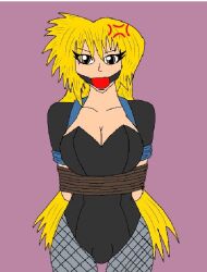 1futa aliasing angry_face ball_gag big_breasts blonde_hair breasts bulge cleavage clothed clothing fishnet_stockings fully_clothed futa_only futanari gag human intersex light-skinned_futa light-skinned_futanari light_skin long_hair lowres masterhentai666xxx rope shinafune_(zarah) solo standing