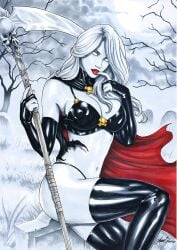 1girls chaos_comics coffin_comics death_(personification) female_focus female_only grim_reaper hm1art lady_death latex_gloves latex_thighhighs long_hair looking_at_viewer no_pupils queen_of_the_dead scythe voluptuous_female white_body white_eyes white_hair