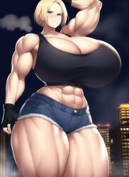 1girls abs ai_generated angry armpits arms_up bare_arms bare_legs bare_midriff bare_shoulders bare_thighs biceps black_crop_top black_gloves black_tank_top blonde_hair blue_eyes blue_mary blue_shorts blush breast_expansion breasts broad_shoulders city city_background cityscape cleavage collarbone crop_top deep_cleavage denim denim_shorts fingerless_gloves giant giantess gigantic_breasts gigantic_thighs gloves huge_breasts huge_thighs king_of_fighters large_breasts large_thighs looking_at_viewer macro massive_breasts massive_thighs midriff midriff_baring_shirt muscle muscle_growth muscle_tone muscles muscular muscular_arms muscular_female muscular_legs muscular_thighs nai_diffusion night short_hair short_shorts shorts size_difference snk stable_diffusion steam steaming_body steamy_breath sweat sweatdrop sweating sweaty sweaty_body sweaty_breasts tank_top thick_arms thick_thighs thighs voluptuous voluptuous_female wide_hips