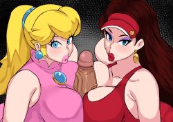 1boy 2girls big_breasts big_penis blonde_hair blue_eyes brown_hair clothed_female clothed_paizuri cyberboi double_paizuri earrings female imminent_fellatio imminent_oral imminent_sex light-skinned_male male mario_(series) mario_tennis multiple_girls nintendo pauline pink_lips pink_lipstick princess_peach red_lips red_lipstick tagme uncensored unseen_male_face