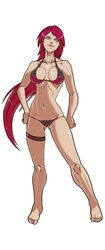 1girls bikini breasts color eye_scar female ganassa katarina_du_couteau league_of_legends leg_band long_hair navel pink_eyes red_hair scar shiny_hair shiny_skin smooth_skin solo standing swimsuit white_background