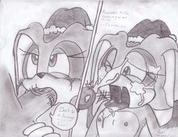 anthro big_head christmas comic cream_the_rabbit cum fellatio female flat_chest furry huge_eyes male monochrome mostly_nude nipples open_mouth penis rabbit santa_hat sonic_(series) straight tagme takumi toony